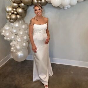 Azazie Strapless White Satin Gown with Lace Bodice